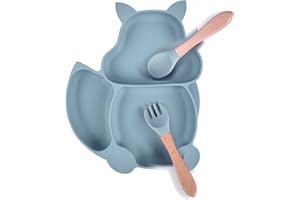 behone Baby Teller Schüssel mit Saugnapf,Silikon Baby Teller Babygeschirr Babyteller Für Babys und Kinder Geeignet, auch Spülmaschinenfest (Eichhörnchen -Grau Blau)