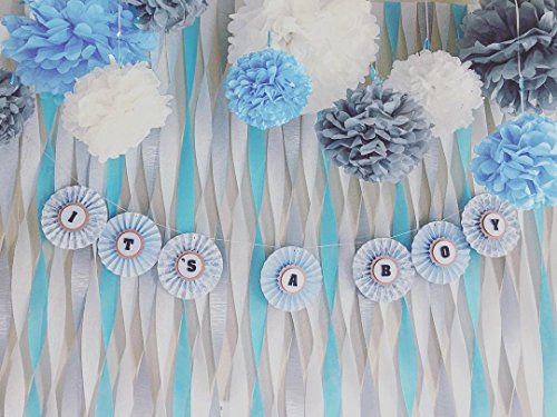 Furuix Babyparty Junge 20pcs White Blue Grey Haning Dekoration Kugeln Geburtstag Baby Dusche Hochzeit Dekorationen Party Supplies with Paper Pompoms Deko Pompons Circle Garland Seidenpapier Pompons Party DecorationBaby Dusche Dekoration Geburtstagsparty Dekoration Quaste Girlande Pompons Blau Dekorationen Pompon Papier - 3