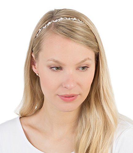 SIX "Party" elastisches Haarband Kopfband Kopfkette mit silberner Blüten-Kette mit weißem Strass, Mini-Perle (252-973)