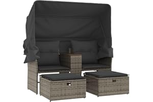 vidaXL Gartensofa 2-Sitzer, Outdoor Sofa mit Sonnendach, Terrassensofa mit Hockern, Gartenmöbel Sofagarnitur Gartengarnitur, Grau Poly Rattan