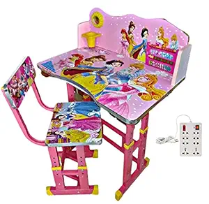 MLU Kids Study Table and Chair Set (Pink) Height Adjustable Wooden Baby Desk Age Between 2-11, with Free 8+1 Socket Extension Board