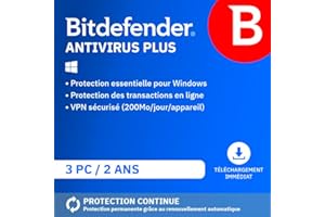 Bitdefender Antivirus Plus 2025 | 3 Appareils | 2 Ans| PC | Code d’activation par email | Renouvellement Automatique