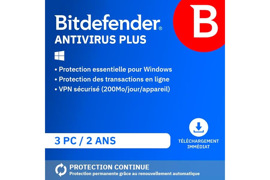 Bitdefender Antivirus Plus 2025 | 3 Appareils | 2 Ans| PC | Code d’activation par email | Renouvellement Automatique