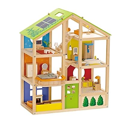 Hape - E3401 - Jeu d'Imitation en Bois - Maison de Poupées - Maison toute Saison (meublée)