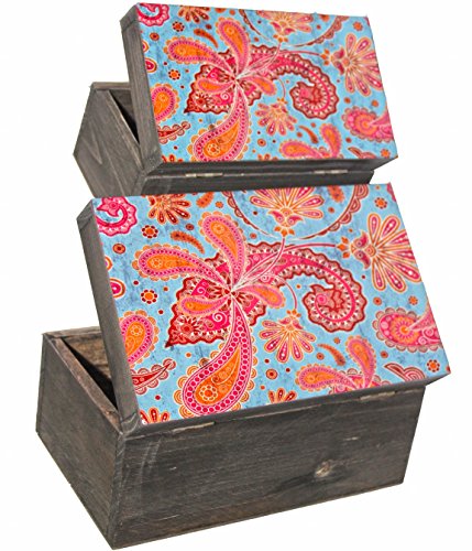 Set of Two Aged Look Hinged Wooden Vintage Boxes with Faded Indian Style Paisley Print in Red and Blue by SupremeBuy