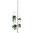 BAOYOUNI Indoor Plant Pole Stand Tension Rod Hanger Window Sill Flower Display Rack Holder Adjustable Corner Vertical Storage Organizer with 3 Trays & 1 Arm for Counter Top, Ivory