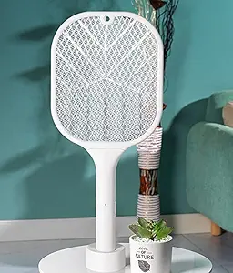 RAKITIC Rechargeable Electric Fly Swatter USB with Charging, LED Lights Zap in The Dark, Safe Touch Handheld Mosquito Killer Bug Zapper Racket with Stand for Indoor, Outdoor, Home (White-2)