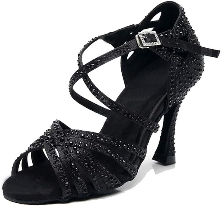 MGM-Joymod Sandalias de baile moderno latino con correa cruzada para mujer, con diamantes de imitación de tango social, bailes, Tacón marrón de 9 cm.