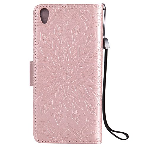 Sony Xperia XA Hülle,Sony Xperia XA Leder Sonnenblumen Hülle,Sony Xperia XA Lanyard Wallet Schutzhülle,BONROY® Retro geprägte Sonnenblumen Muster PU Leder Flip Hülle Wallet Case Tasche Cover Handytasche Schutzhülle Lederhülle Handyhülle in Book Style Stand Case mit Kredit Kartenschlitz für Sony Xperia XA-Rose Gold - 2