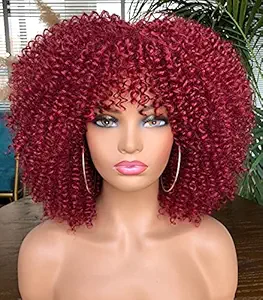 RunM Short Curly Afro Wig With Bangs for Black Women Kinky Curly Hair Wig Afro Synthetic Full Wigs??�Burgundy??�