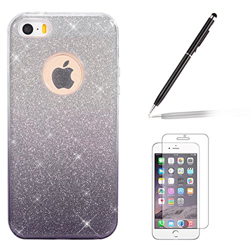 Felfy iPhone SE Hülle,iPhone 5S Schutzhülle Glitzer Hülle,iPhone 5 Schutzhülle Case TPU Bumper Case Soft Silikon Gel Schutzhülle Gradient Shinning Glitzer Bling [Weiche TPU Abdeckung + Glitzer Papier + PP innere Schicht] [Drei in Einem] Schutzhülle Schutzhülle Tasche Silicone Rückseite Hülle Etui Cover für Apple iPhone SE/5S/5 (Gradient Grau Schwarz) + 1x Schwarz Stylus + 1x Screen Protector