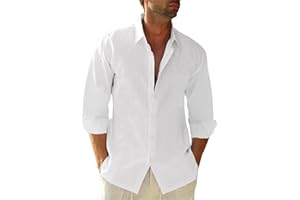 Friptspyg Hommes Chemise Lin Coton Manches Longues Bouton Bas Coupe Regular Casual Chemise de Plage Regular Fit Chemises L'été avec Poche