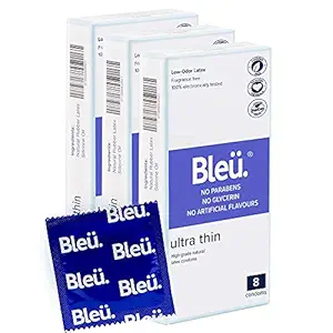 Bleu Super Ultra Thin Condoms for men family pack of 24, Vegan Highest Grade Natural Latex For Extra Sensitive Skin, Masked Latex Smell, Reduced Itch and Irritation (24 Count)