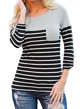 Honestyi Damen Langarmshirts, Damen Lange Ärmel O-Asschnitt Block Classic Streifen T-Shirt Oberteile Bluse Sweatshirts...