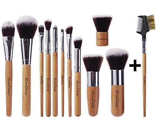 *New Arrival* EmaxDesign Makeup Brush Set Professional 12 Pieces Bamboo Handle Premium Synthetic Kabuki Foundation Blending Blush Concealer Eye Face Liquid Powder Cream Cosmetics Brushes Kit With Bag