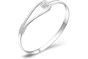 HILAI Silver Bracelet Elegant Clip-On Button Womens Silver Bracelet Floral Design Silver Charm Bracelet Bangle Classic Bangle Jewellery for Women Girls(925 plated silver )