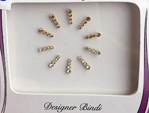 BDS253_Gsi: Mehya's Designer Pack of 10 Gold and Silver Stone Bindis with Gold base, Chandla, Tattoo, Body Art, Decor, Card Marking, Bollywood, Wedding, Rakhi, Eid, Diwali, Party, Nigha, Mendhi, Wedding Gift