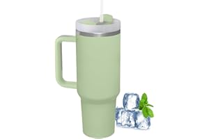 LOITTAINUE Thermobecher mit Strohhalm und Henkel, 1180ml 40oz Kaffeebecher To Go mit Deckel, Doppelwandiger Edelstahl Vakuum Isolierbecher, Tragbare Autobecher für Kalte Heiße Getränke (Grün)