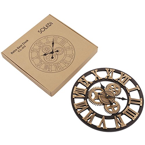 SOLEDI Wanduhr Europäische Vintage Handarbeit 3D Dekorative Zahnrad aus Holz (Farbe Kupfer) - 7