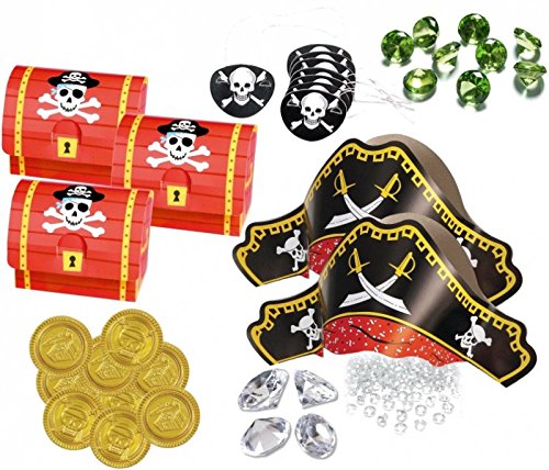 89 Teile Piraten Schatzsuche Set 8 Personen für die Schatzsuche zum Kindergeburtstag - Schatzkiste, Piratenhüte, Party Deko