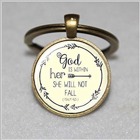 Large God Is Within Her She Wil Not Fall Pendant Keychain Christian Keychain ,Inspirational Psalm 46:5 Keychain