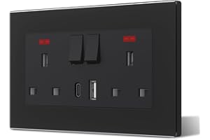 BSEED Double Plug Socket with USB C and USB A,Glass Switched Socket,UK Standard Electric Power Sockets,13A Wall Socket,Save Space,2 Gang,146mm Black