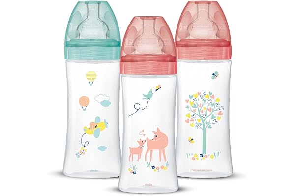 Dodie filles Lot de 3 Biberons Anti-colique Sensation plus, Fille, 330 ml, +6 mois, Tétine Plate, Débit 3, Rose Pastel, 3 Unité (Lot de 1)