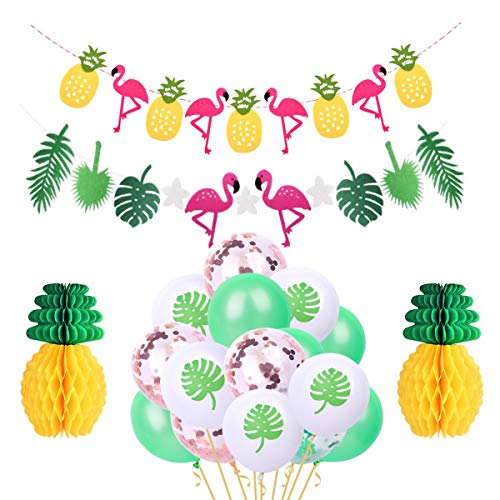 Juego de decoración de fiestas tropicales de Hawai, flamenco de hojas tropicales, panal de piña, globos de látex de Hawai para la decoración de fiestas de cumpleaños de fiestas tropicales de Hawai