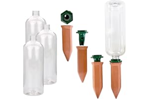 DE-PLASTIK Quality-Collection Zestaw 4 szt. – dozownik wody stożek gliniany z adapterem i butelkami PET 750 ml kolce nawadniające