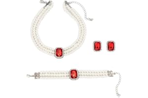 Gkaopi Women's Pearl Jewellery Set 3 PCS Pearl Necklace Earrings Bracelet Set Vintage Multilayer Pearl Crystal Necklace Bracelet Jewellery Gift for Valentines Birthday Mothers Day Party Weddings