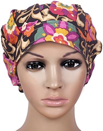 Opromo Cotton Bleach Friendly Banded Adjustable Scrub Cap Sweatband Bouffant Hat-Coffee Printed
