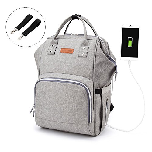 Preisvergleich Produktbild Baby Wickelrucksack Wickeltasche Rucksack Grosse Kapazität Multifunktional Mama Rucksack Wasserdicht Segeltuch Stoffe mit 2 Kinderwagen-haken und USB-Anschluss Ausgestattet(Grau)