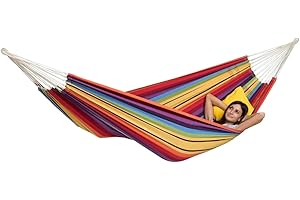 AMAZONAS Klassische Hängematte XL Barbados Rainbow handgefertigt in Brasilien bis 200 kg Belastbarkeit mit 230 x 150 cm für 1-2 Personen in Buntgestreift Gesamtlänge 340 cm
