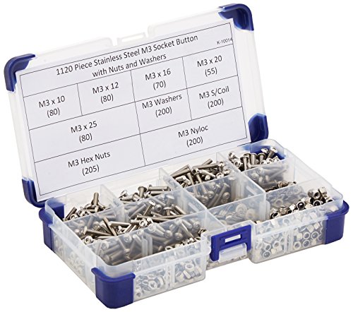 AHC K-10014 3 mm M3 acero inoxidable de cabeza A2 juego de tornillos con arandelas y tuercas (1120 piezas)