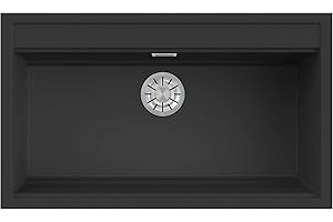 EVHOC Lavello Sopratop DESIDERATA L, 1 Vasca, Lavandino in Kuarzite Vasca Unica per Cucina, Fascia Miscelatore Preforata, Made in Italy, Nero, 86x51 cm