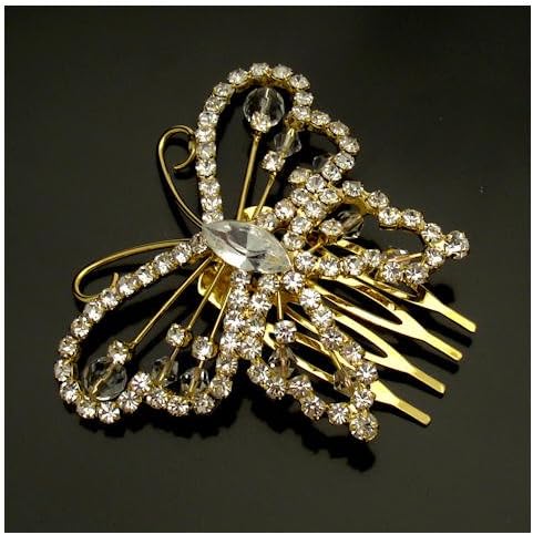 Acosta - Diamante Crystal &amp; Bead - Gold Butterfly Slide Comb / Bridal Hair Accessory