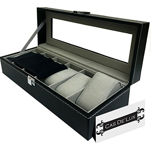 Luxury Watch Box - 6 Velvet Pillow Slots, Premium PU Leather Display Case With Framed Glass Lid, Elegant Contrast Stitching, Sturdy & Secure Lock - By Cas De` Lux