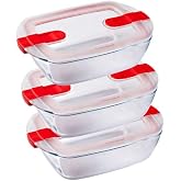 Pyrex Cook &amp; Heat Set of 3 Identical Rectangular 1.1 Litre Borosilicate Glass LunchBox with Special Airtight Lid for Microwav