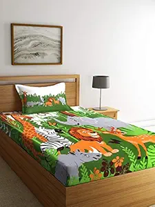 SWHF Chic Home Kids 180 TC Cotton Single Modern Bed Sheet with One Pillow Covers (Green, Jungle)