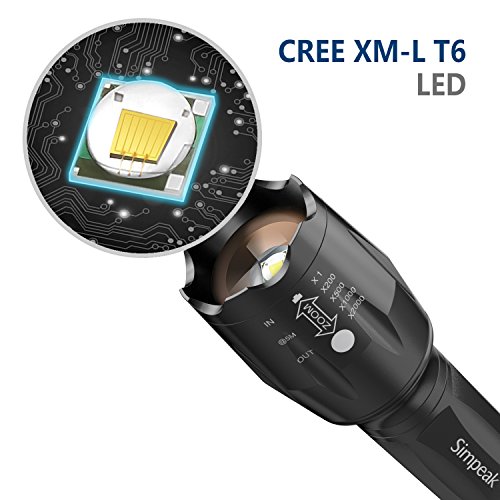 Taschenlampe LED Flashlight, Simpeak Tragbare taktische T6 LED Handheld-Taschenlampe Rotierende Fokus-Fackel, 5 Beleuchtungs-Modi, Zoomable, Wasserdicht, Schwarz - 4