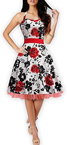 BlackButterfly 'Rhya' Serenity Vintage Rockabilly Floral Halter Neck Dress (White &amp; Red, UK 22)