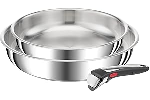 Tefal Ingenio Lot de 3 pièces, Poêles 24/28 cm + poignée amovible, Induction, Acier inoxydable, Empilable, Fabriqué en France