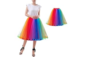 LIDSSACDE Tüllrock Damen Tutu Regenbogen Rock Midi Petticoat Hoch Taillierter A Linien Clown Kostüm Rockabilly Petticoat Karneval Kostüm Unterrock Halloween Party Kostüm