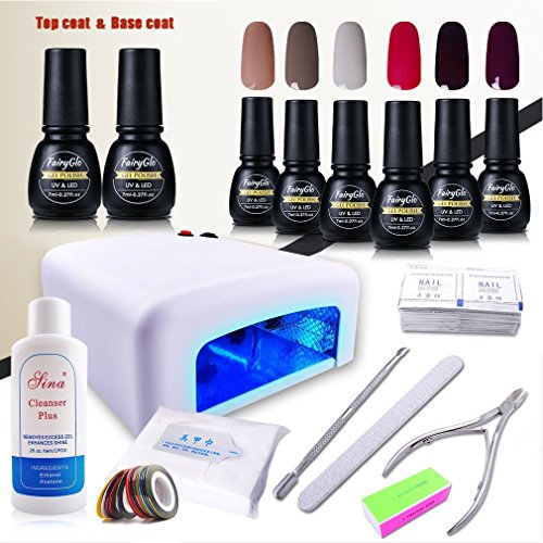 UV Nagelstudio Set von FairyGlo 36W UV Lampe,base und top coat,cleaner für gel nägel,nagelfeilen set,uv nagellack entferner, buffer für nägel, knipser fingernägel, schieber nägel, Striping Tape, tücher nägel,(6xStück Farblack,1xStück Unterlack,1xStück Überlack)