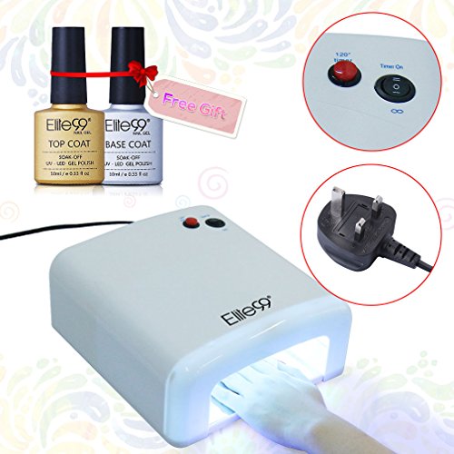 Elite99 Nail Polish Dryer Fast Drying UV LED Gel Nail Polish for Home or Professional Use Sliding Tray Built-in 4 x 9W Bulbs 36W White UV Nail Lamp UK Plug with 120 second Timer + Free Gift (Top & Base Coat)