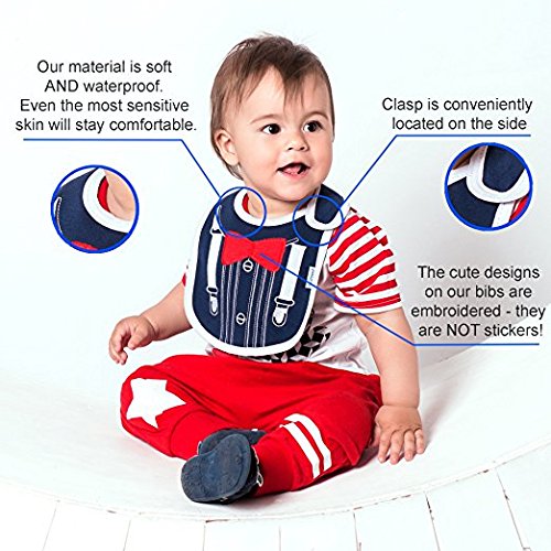 Lätzchen-Set „Babysaurus & Freunde“, bestickt, Klettverschluss, vollständig gefüttert mit Wasserdichter Beschichtung auf der Innenseite, 100% Baumwolle, einheitsgröße – Grün, Blau, Weiß, Baumwolle, bestickt, Lätzchen 4 Stück Geschenk-Set, Super Saugfähig, Süße Neugeborenen-Lätzchen, Designs: Krokodil, Elefant und Giraffe - 9