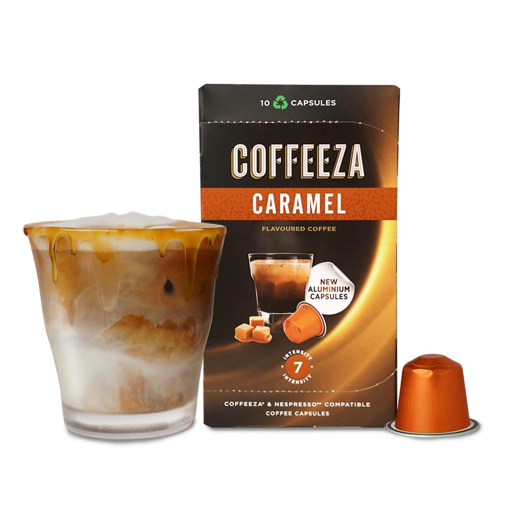 COFFEEZA Caramel Flavoured Coffee Capsules, Intensity 7 | Aluminium Pods | 100% Arabica | Box of 1 (10 Capsules) | Brew Cold/Hot, 100 Gram