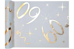 PAPSTAR WOOOOZY Metallic 60. Geburtstag Tischläufer, 5m x 30cm, Polyester, Sternen, Linien, Gold