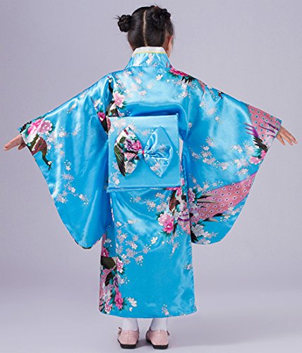 Yue Lian Mädchen Blumen&Pfau Kimono mit Obi-Gürtel Cosplay Yukata Japanisch (Höhe: 110-120cm, Blau) - 2