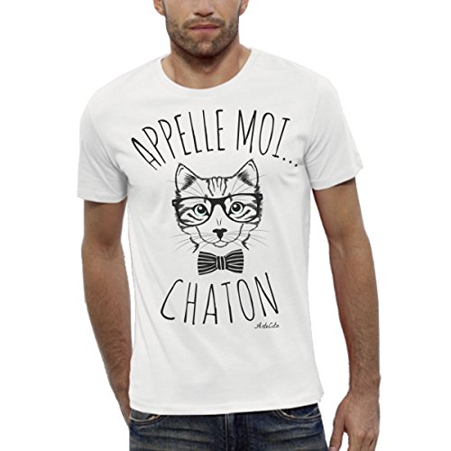 T-Shirt Bio Imprimé Blanc Manches Courtes - Appelle Moi Chaton - Homme du XS au XXL